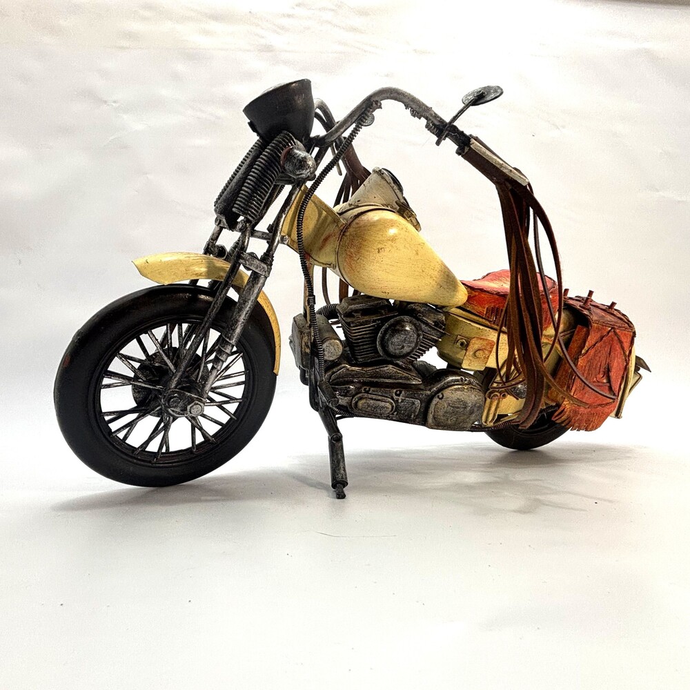 Vintage Metal Motorcycle Model Cream with Red Leather Seat and Saddlebags